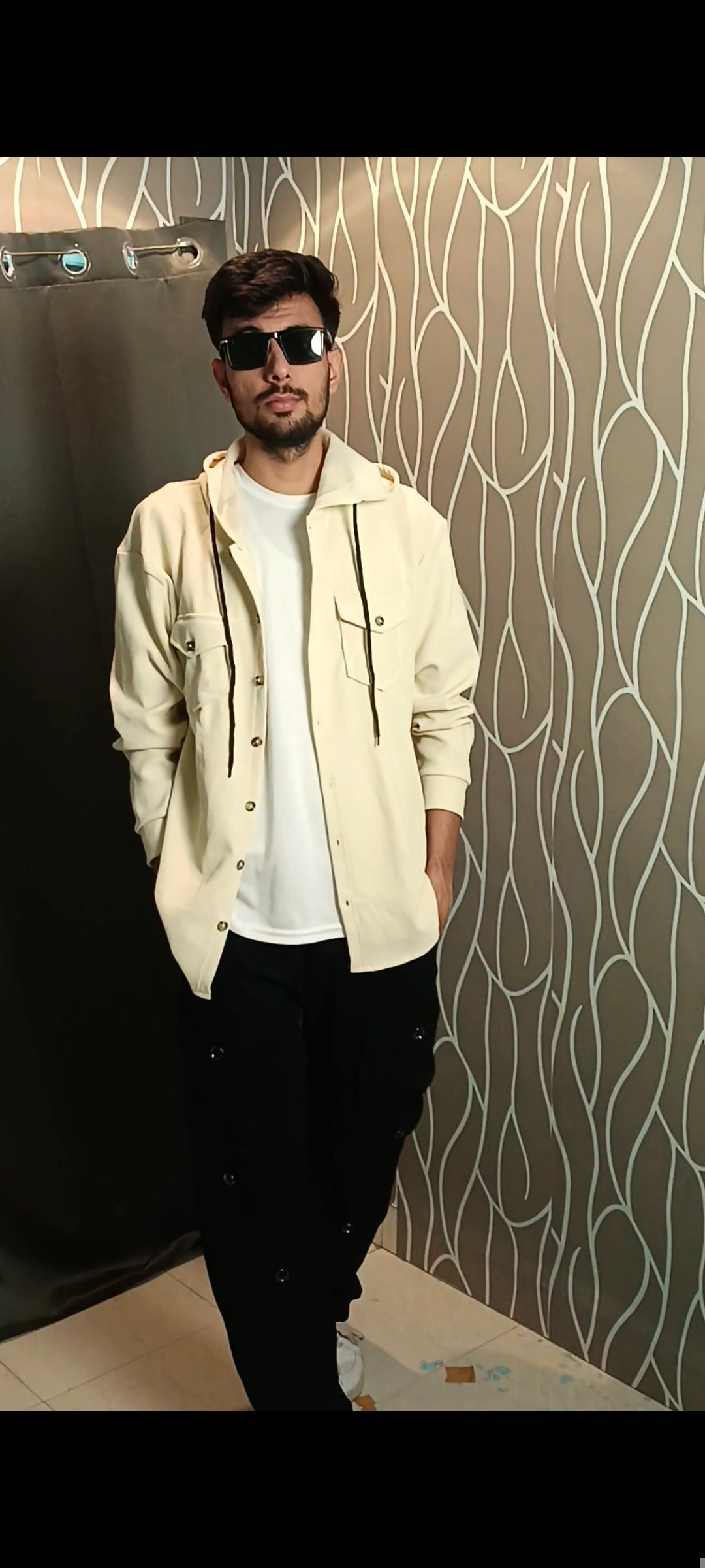 Cream Overshirt + White Tee + Black Cargo Pants