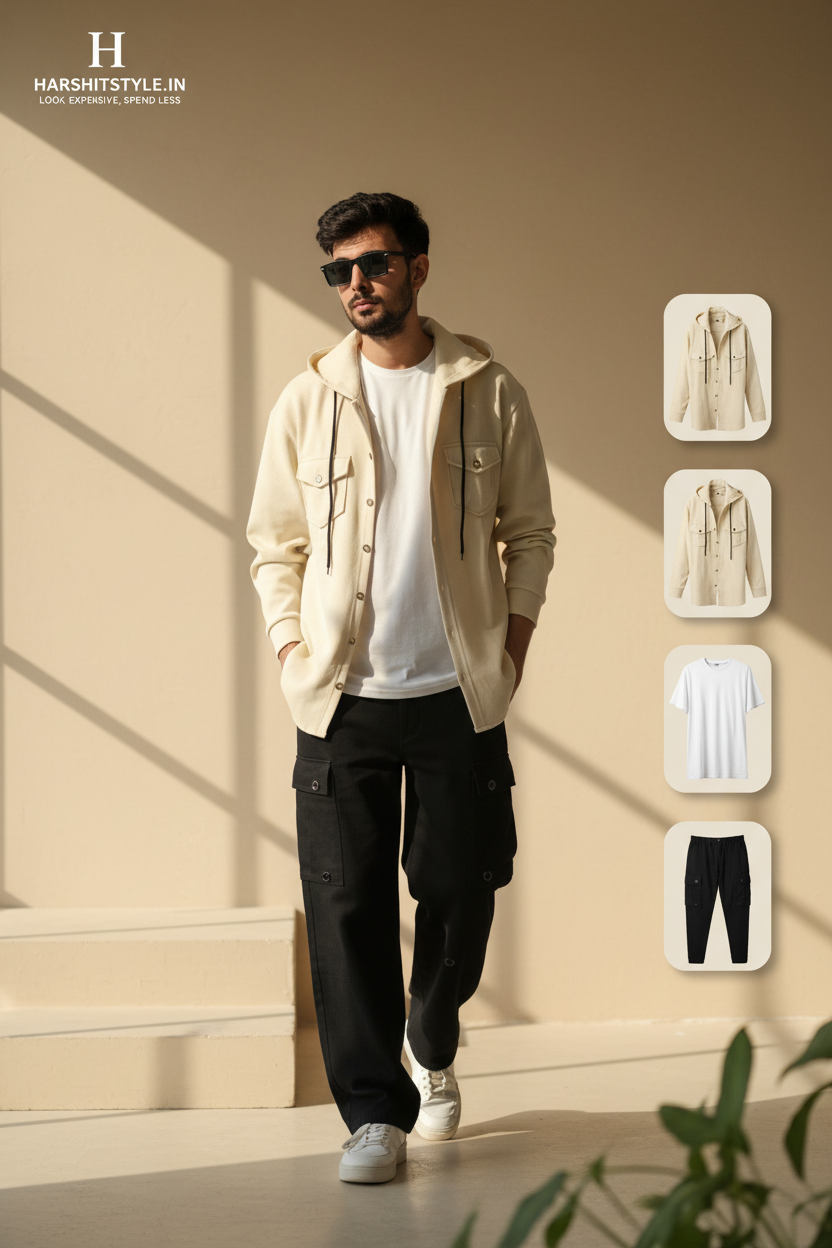 Cream Overshirt + White Tee + Black Cargo Pants
